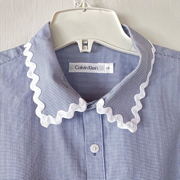 Custom Cropped Ruffle Edge Button Up Shirt L Gingham Mini Checker Rick Rack Trim - Picture 4 of 8